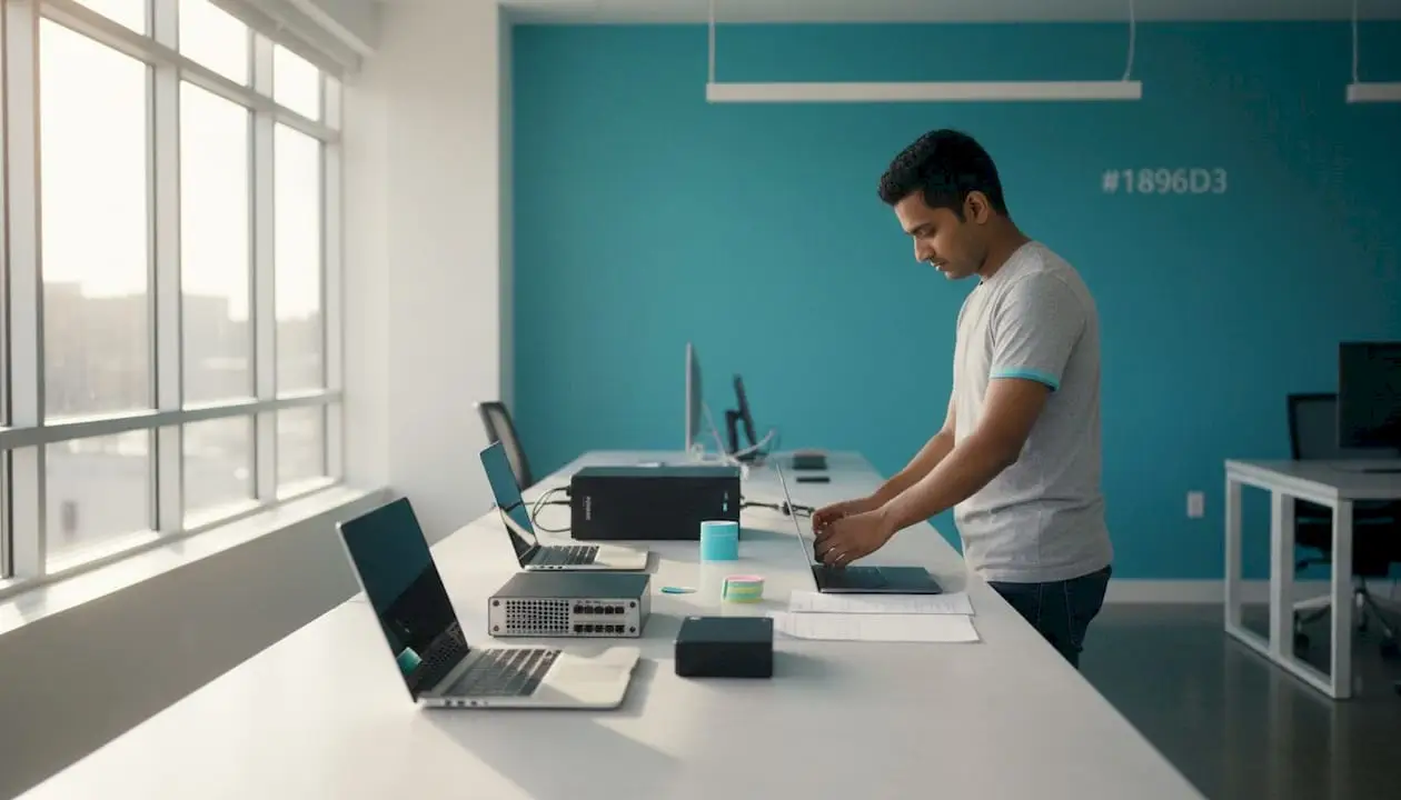 Technician organizing hardware IT assets on table overhead view