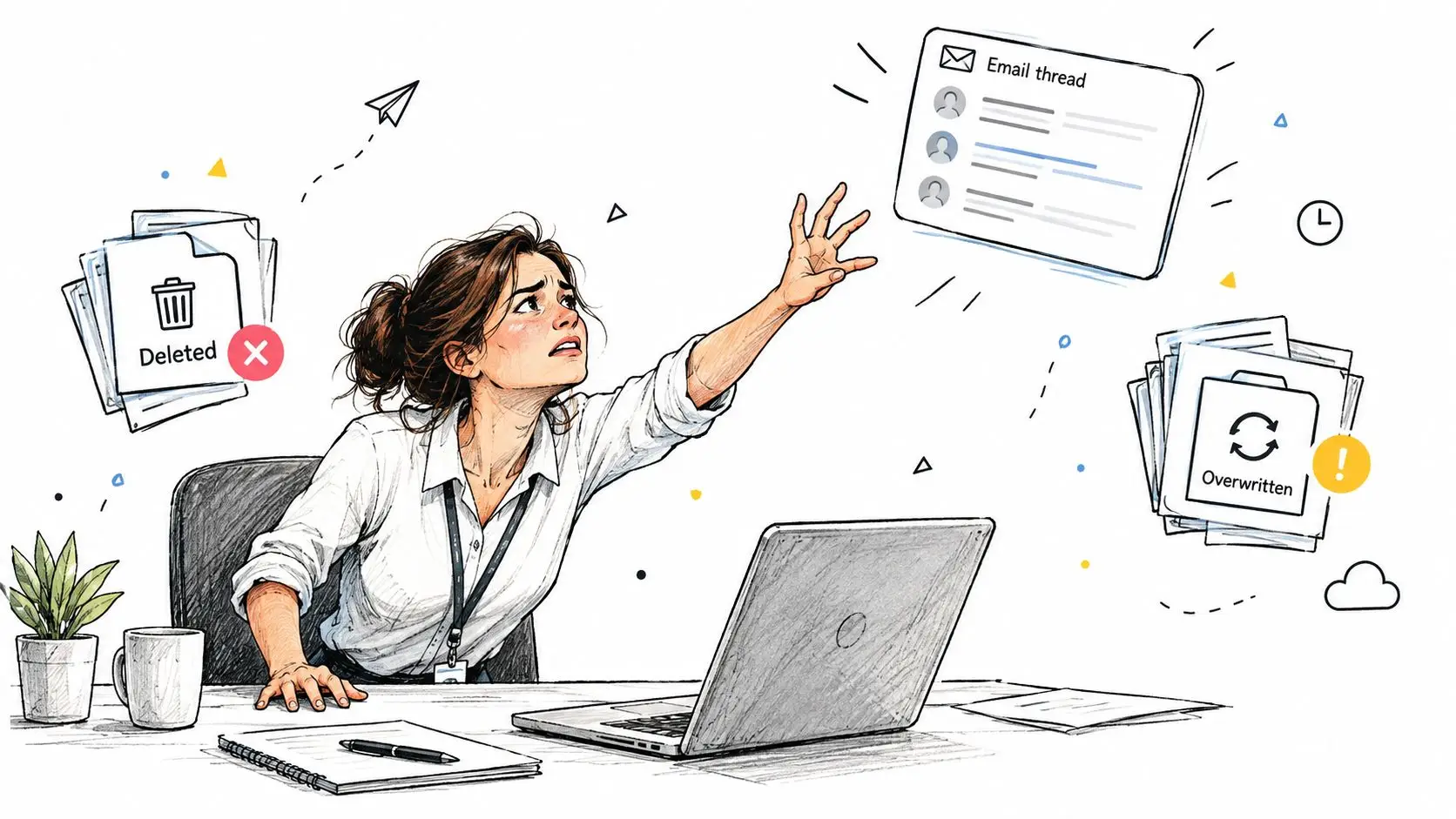 A distressed professional reaching toward a floating email thread icon in an office workspace.