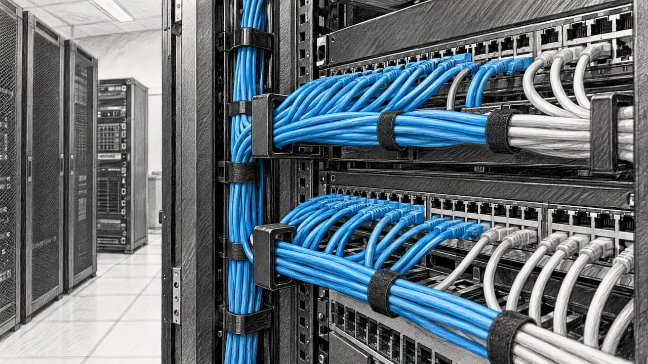 Structured cabling routed through a server rack