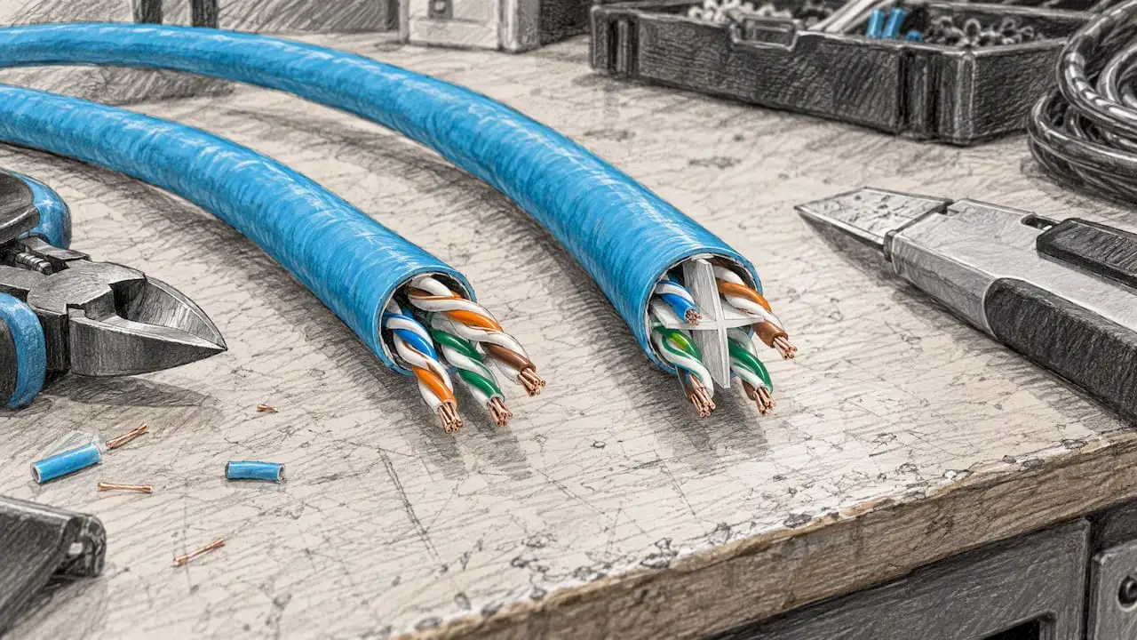 Cat5e and Cat6 cable ends showing internal construction