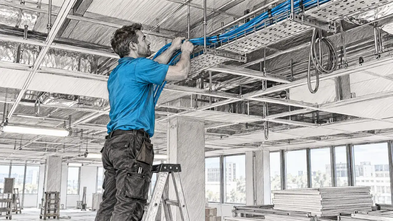 Installer routing cables above an office ceiling