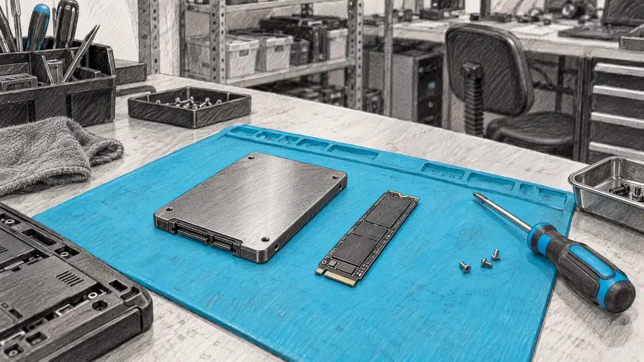 SATA and NVMe SSDs on repair bench