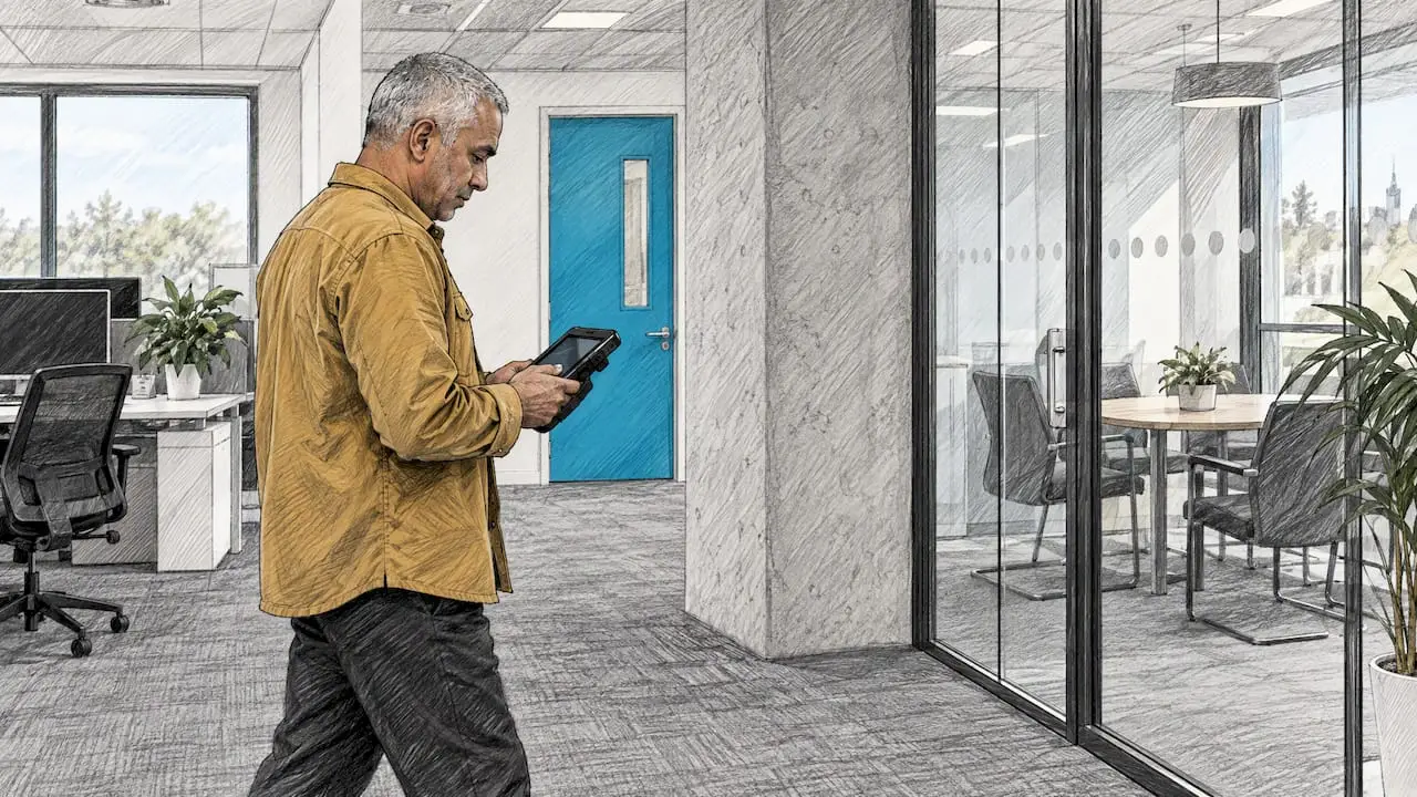 Surveyor measuring Wi-Fi coverage in an office