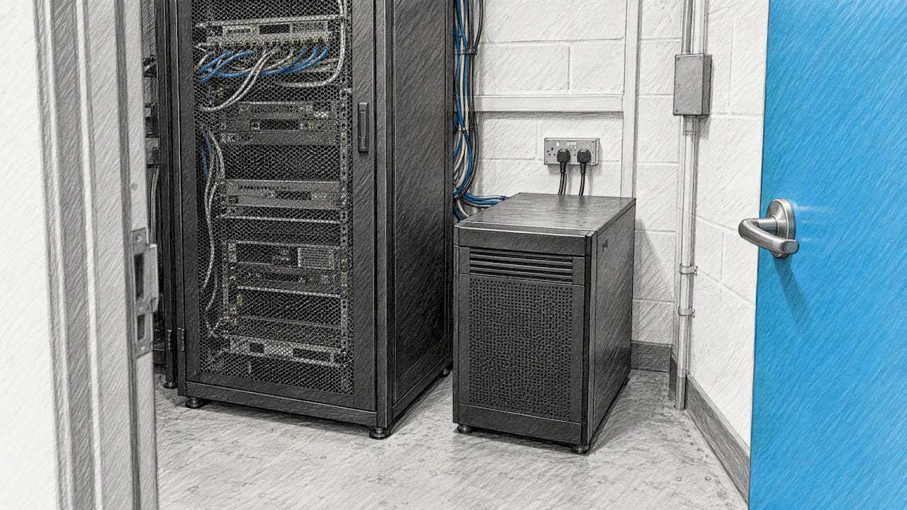 Backup appliance beside a business server cabinet