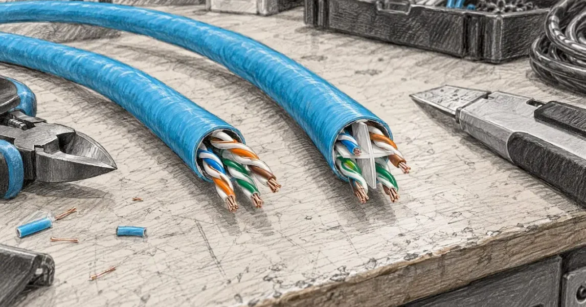 Cat5e and Cat6 cable ends showing internal construction