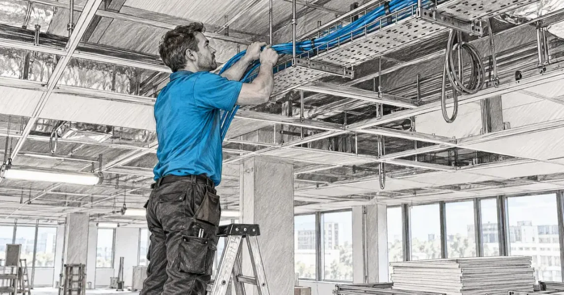 Installer routing cables above an office ceiling