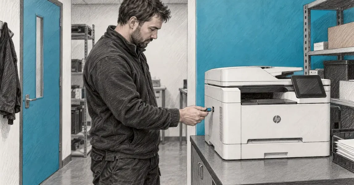 Technician updating an HP business printer